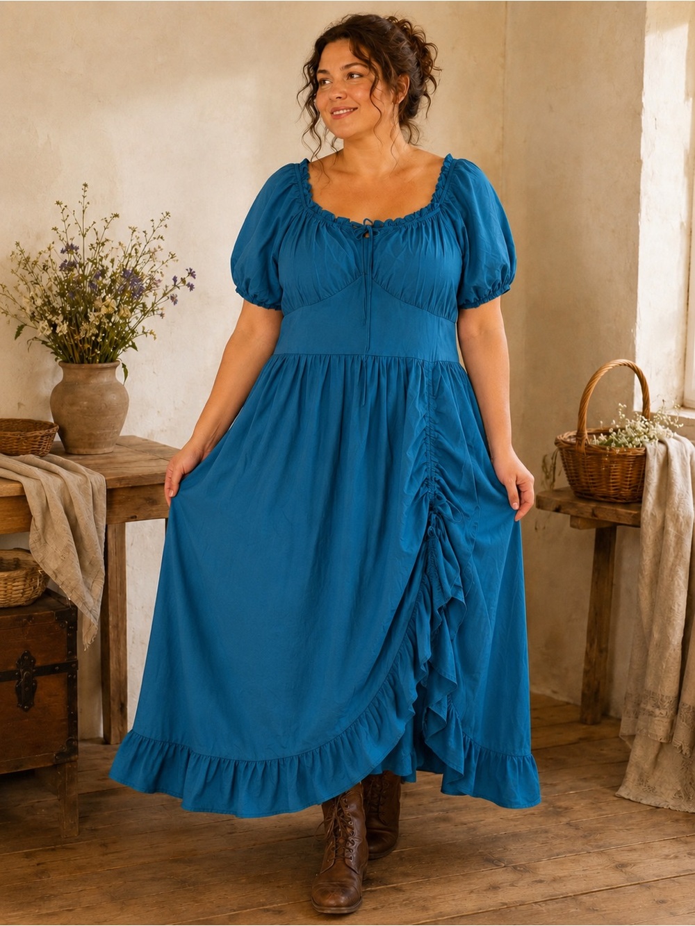 Scarlet Darkness Blue Puff Sleeve Cottagecore Renaissance Ruched Maxi Size XL